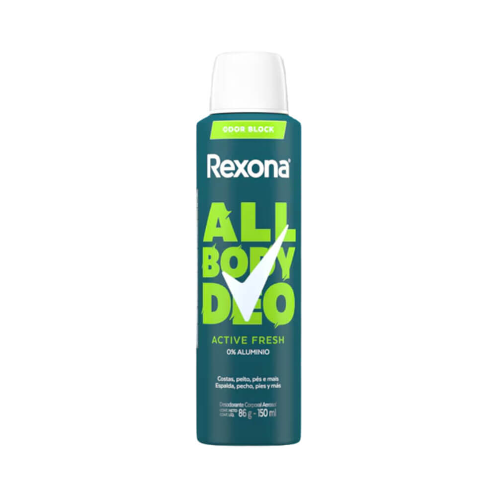 Frasco do desodorante aerosol Rexona All Body Deo Active Fresh 150ml com destaque para proteção e fragrância.